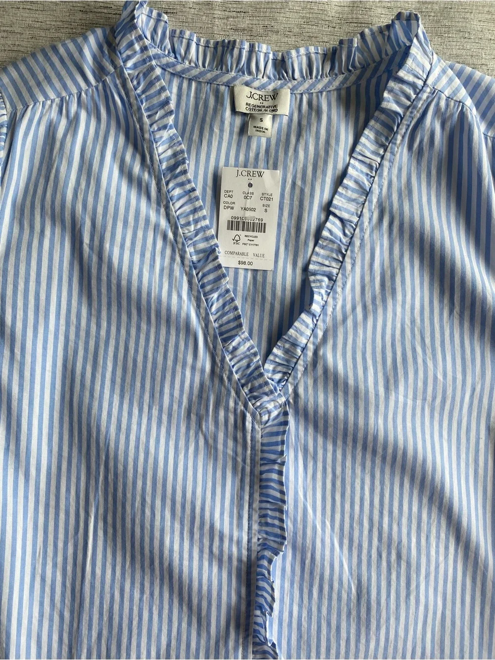 J. Crew Blue and White Striped Ruffle V-Neck Puff Sleeve Blouse